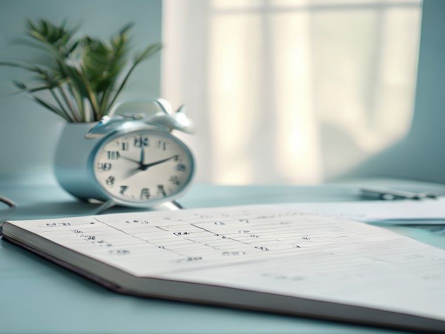 Workspace with clock showing time markers for movement breaks