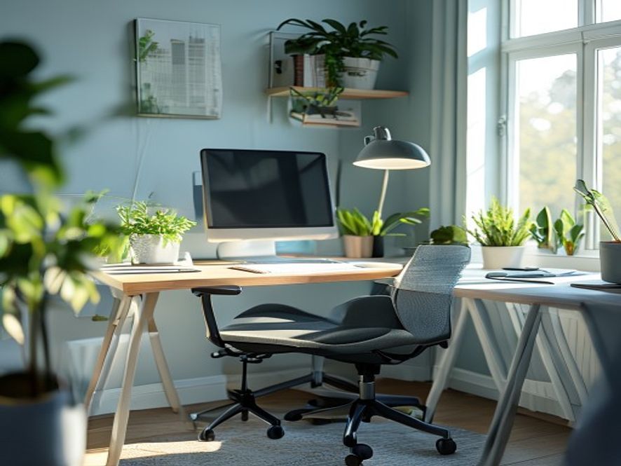 Full workspace view showing monitor, keyboard, chair, and ergonomic accessories arranged for comfort