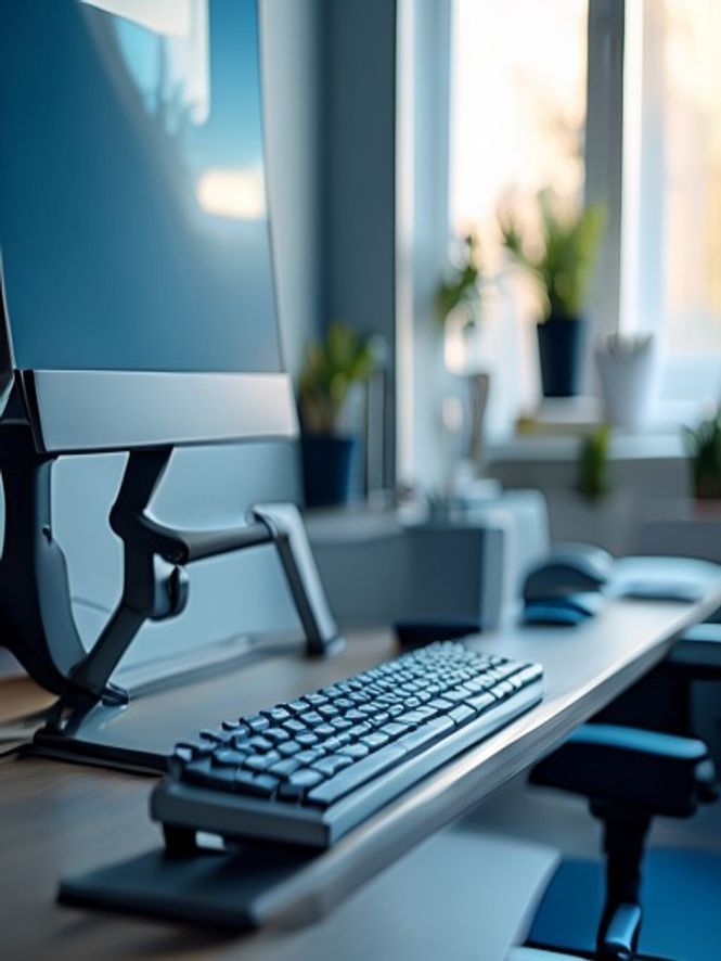 Close-up of ergonomic desk with monitor arm, keyboard tray, and proper lighting setup