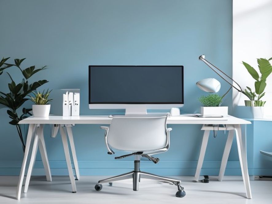Ergonomic office workspace with monitor, keyboard, and proper seating arrangement